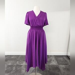 Gomorn V Neck Flounce Sleeve Handkerchief Hem Blouson Dress Purple 1X preppy